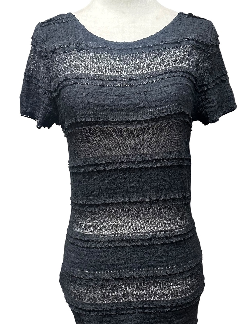 BCBGMaxAzria Black Short Sleeve Sheer Stretch Lace Top M